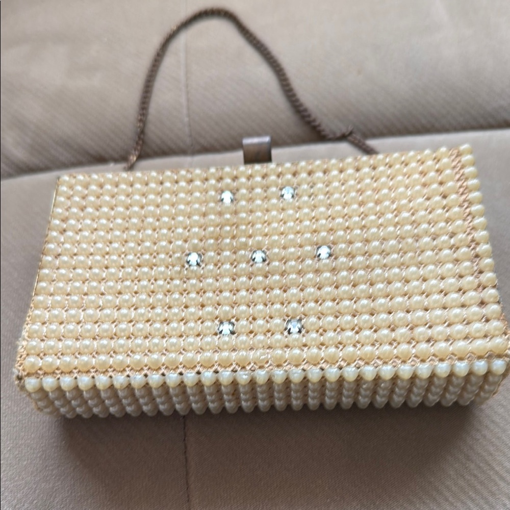 Vintage Cream/ Light Brown Beaded Wristlet with Crystal Accents
